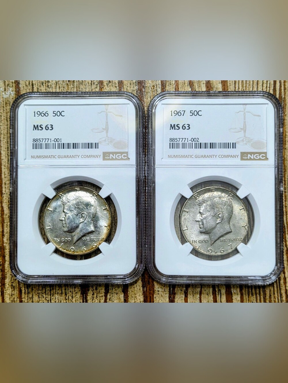 1966+1967 Kennedy Half Dollars NGC MS63, 40% Silver Consecutive Certs 2 Coin Lot